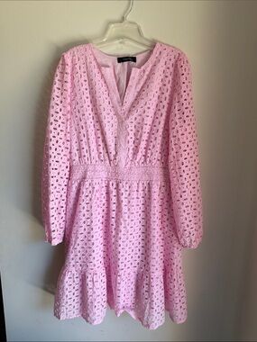 Pink Eyelet Long-Sleeve Smocked-Waist Dress by Zesica